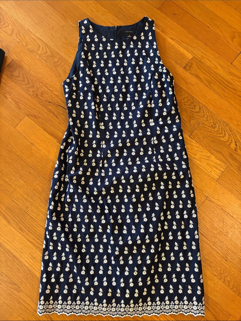 Ann Taylor Navy Sheath Dress with White Embroidered Motif